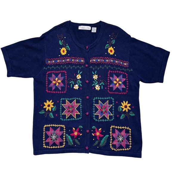Victoria Jones Woman Sweaters - VINTAGE Victoria Jones Woman 90s Embroidered Short Sleeve Sweater Sz 1X